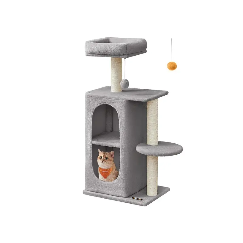 Cat tree tower with dual hideouts and scratching posts for multiple cats