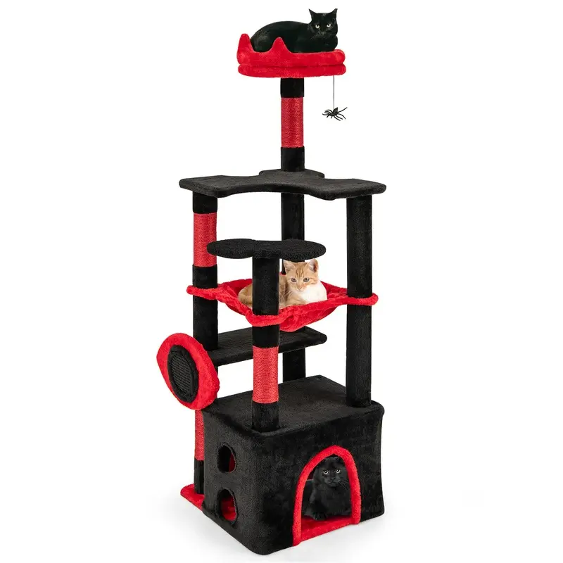 Costway Red & Black Gothic Cat Tree For Indoor Cats Large Cat Tower With Plush Perch