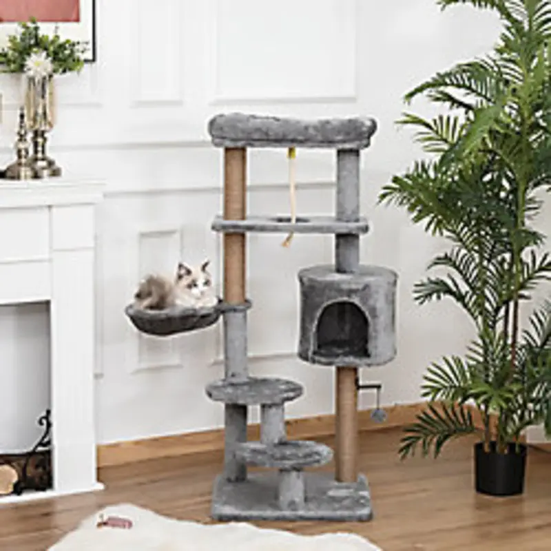 Pawhut Cat Tree Tower With Jute Scratching Perch Light Grey
