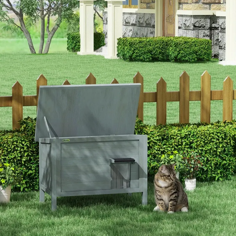 Pawhut Outdoor Feral Cat House Insulated W/ Openable Roof - Charcoal Grey/Black