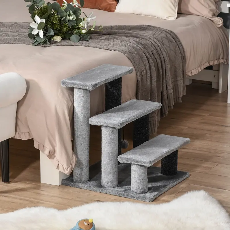 Pawhut Pet Stairs With 3-Step Stair Scratching Posts Platforms Toy Ball Grey