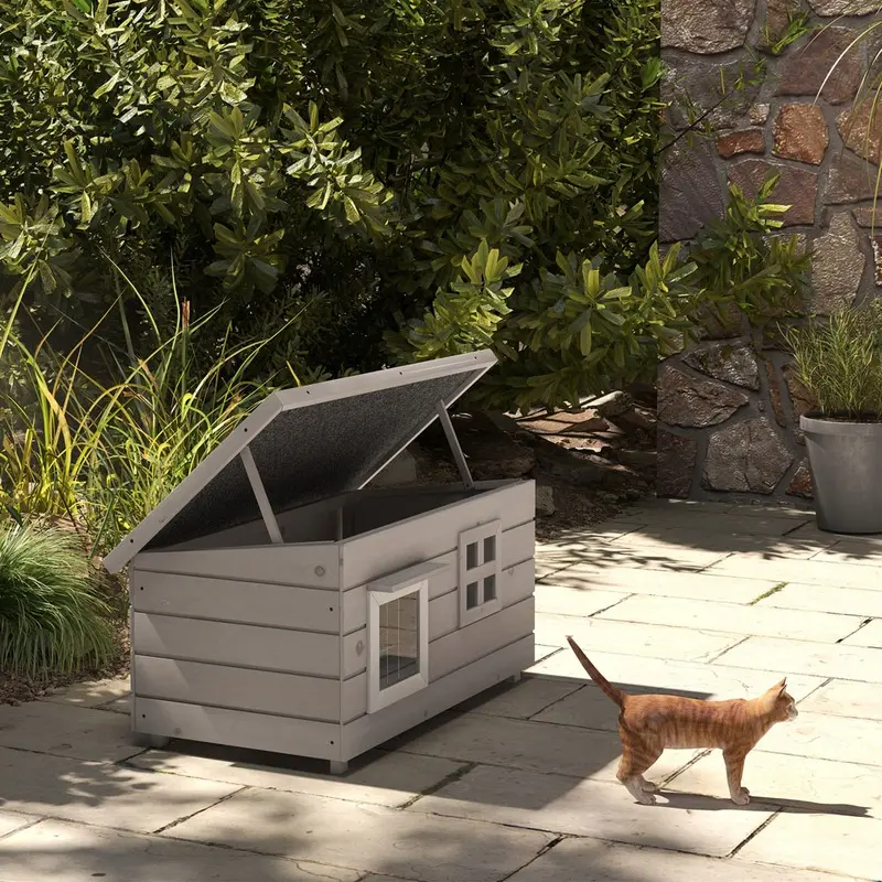 Pawhut Wooden Cat House Outdoor With Openable Top Asphalt Roof Window Grey
