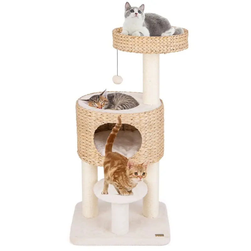 Casart Modern Cat Tower W/ Top Perch Indoor Cat Tree Cattail Fluff Condo
