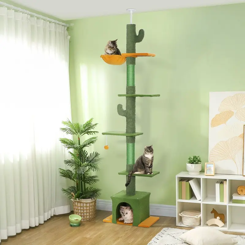 Pawhut 230-275Cm Floor-To-Ceiling Cat Tree For Indoor Cats With Cat House