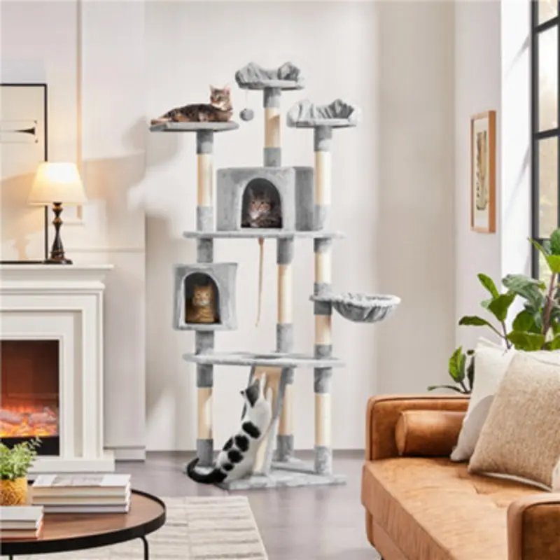 Yaheetech 200Cm Multilevel Cat Tree Plush Cat Tower Light/Grey