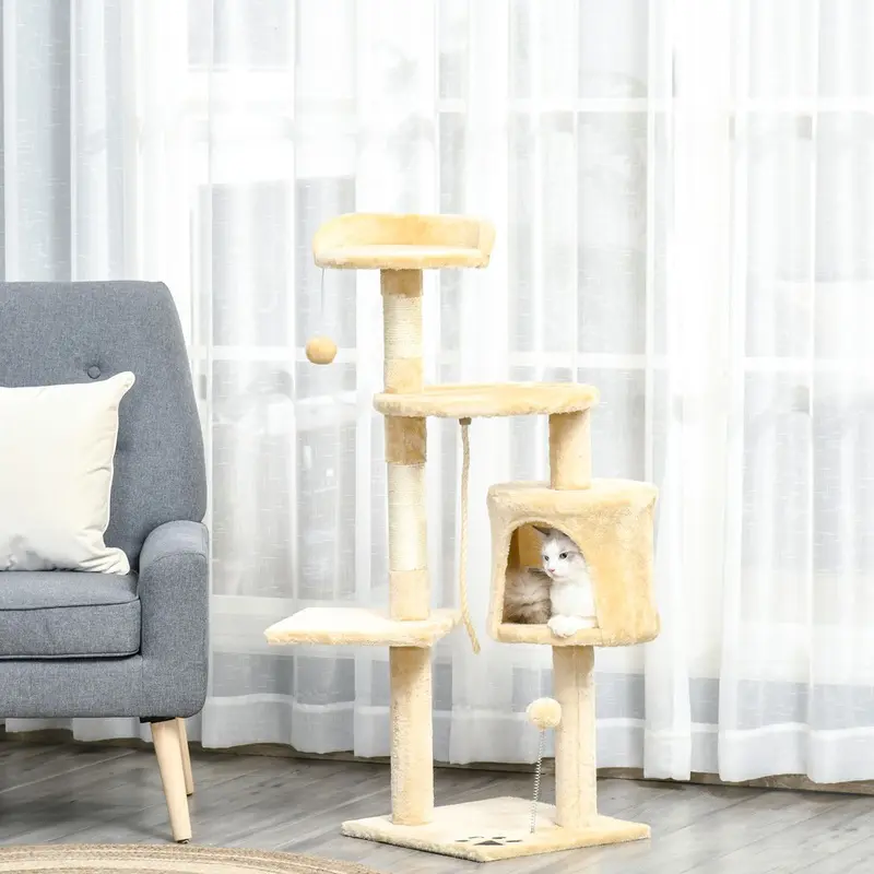 Pawhut Cat Tree Activity Centre Scratching Post With Toys 4-Tier 114Cm Beige