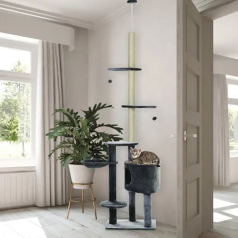 Pawhut Floor To Ceiling Cat Tree Adjustable Height 220-265Cm, Dark/Grey