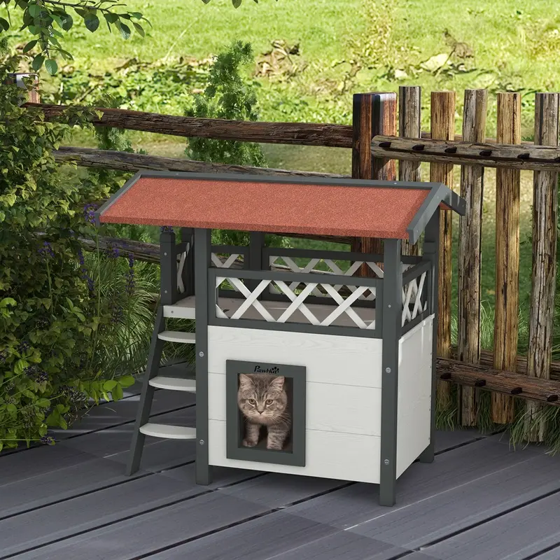 Pawhut Outdoor Cat House W/ Balcony Stairs Roof White