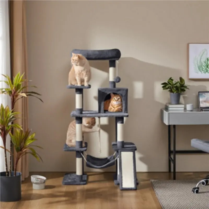 Yaheetech Dark/Grey 137 Cm H Multilevel Cat Tree With With Hammock Scratching Posts