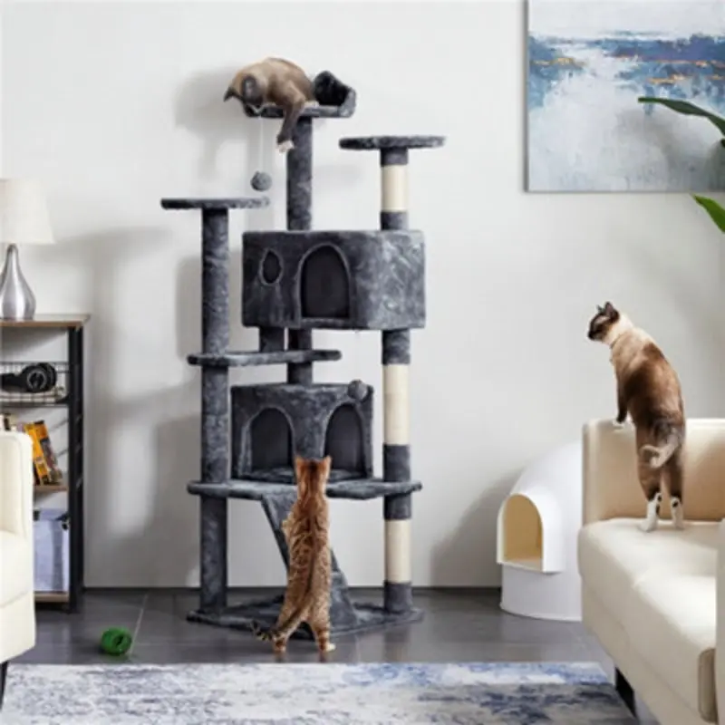 Yaheetech Dark/Grey 158Cm Multilevel Cat Tree Plush Cat Tower Medium