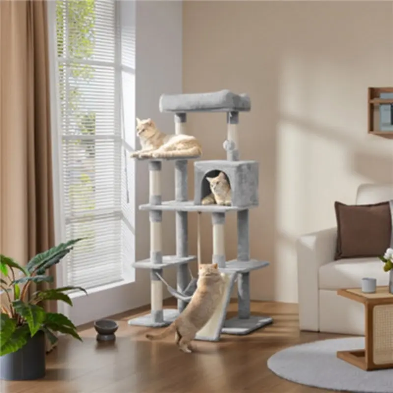Yaheetech Light/Grey 137 Cm H Multilevel Cat Tree With With Hammock Scratching Posts