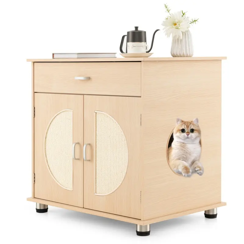 Costway Wooden Cat Litter Box Enclosure Scratching Doors Hidden Cat Washroom