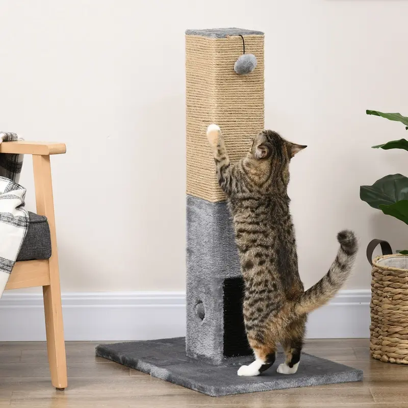 Pawhut Cat Scratching Post With Carpet Base Hanging Toy Grey