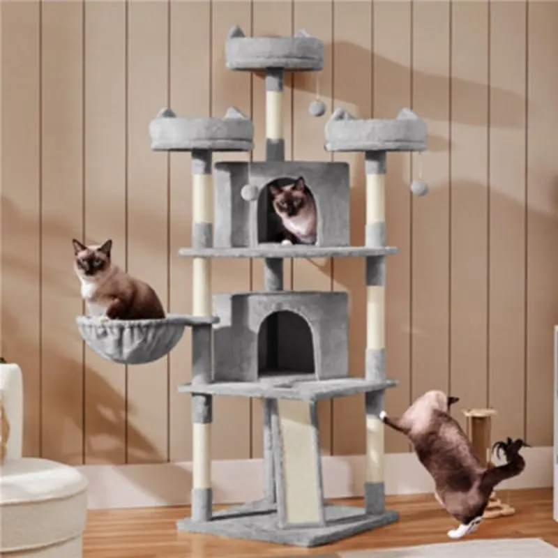 Yaheetech 175Cm Large Cat Tower With Caves Condos Platforms Light/Grey