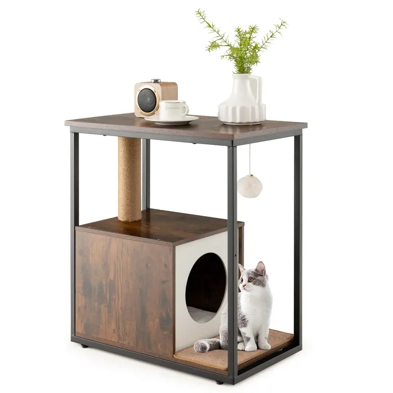 Costway Rustic Brown Cat Furniture End Table Cat House With Scratching Post