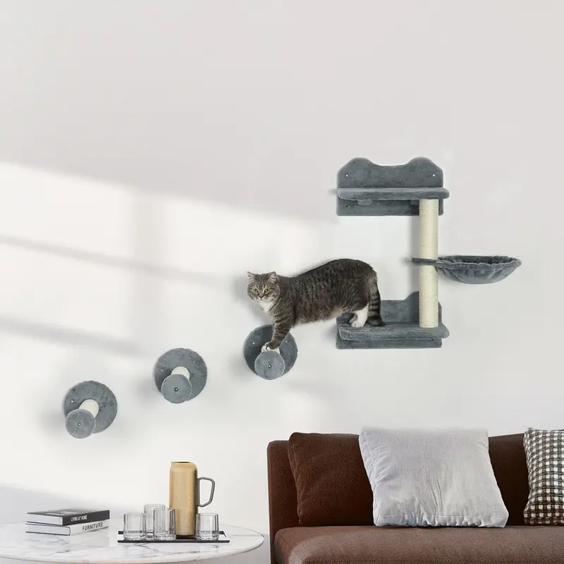 Pawhut 4 Piece Cat Shelf Cat Wall Furniture W/ Hammock Steps Platforms Grey