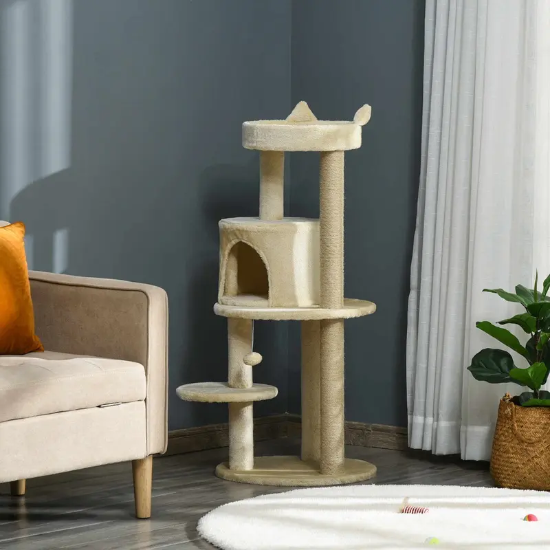 Pawhut 4 Tiers Cat Tree With Scratching Posts Hanging Ball Cream
