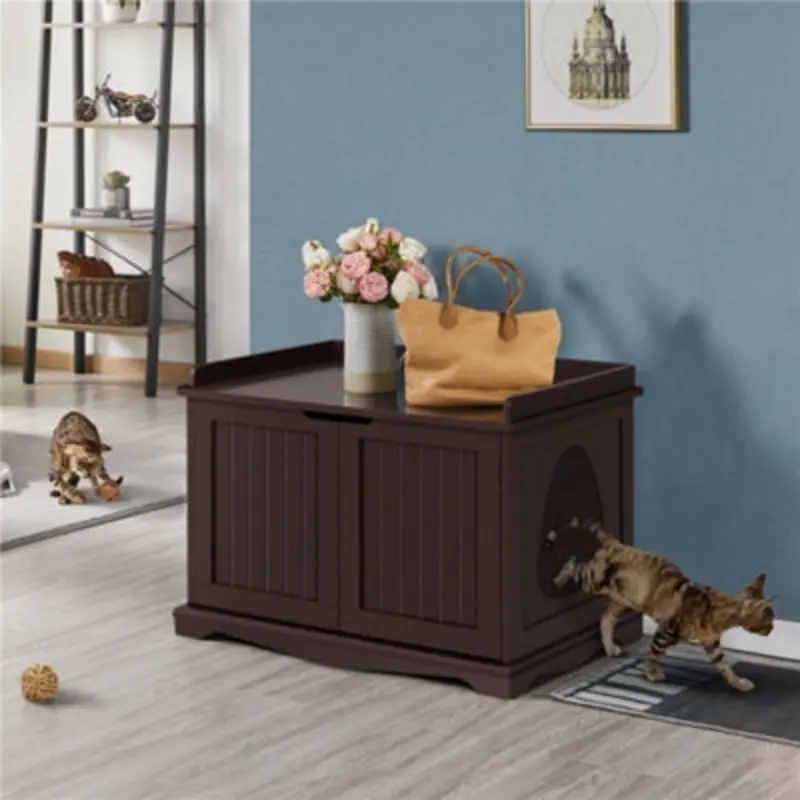 Yaheetech Espresso Multifunctional Wooden Cat Litter Box With Door And Partition
