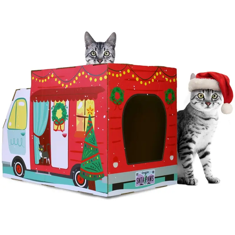 American Cat Club Christmas Cat House & Cat Scratcher W/Bonus Catnip Included