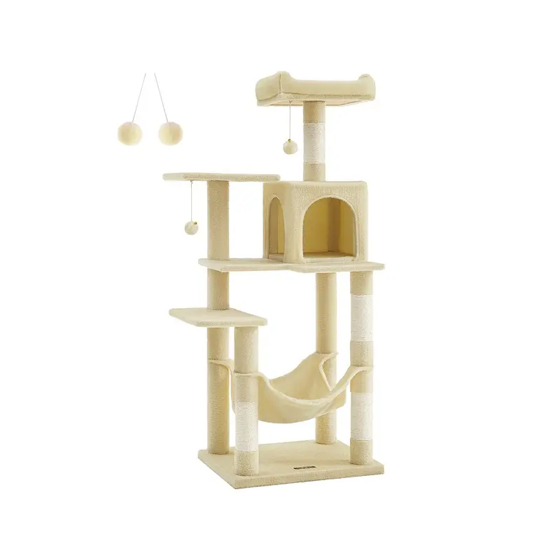 Cat Condo with Hammock & Pompoms, Beige / L (55 x 45 x 143 cm)