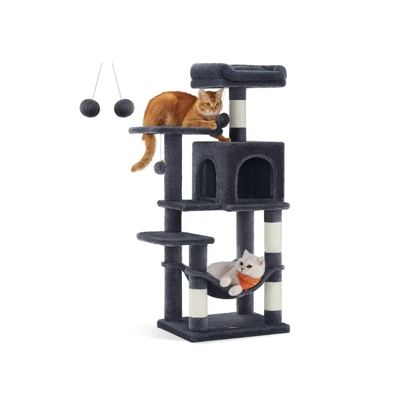 Cat Condo with Hammock & Pompoms, Smoky Grey / M (45 x 35 x 112 cm)