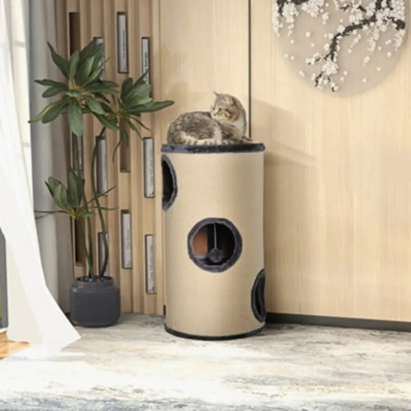 Pawhut Beige/Grey Cat Scratching Barrel Sisal Activity Center Condo,, 70Cm