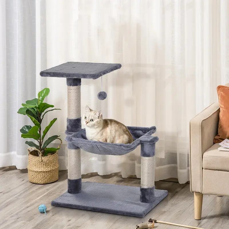 Pawhut Cat Activity Tree Kitten Play Tower Palace Two-Tier Scratching Grey