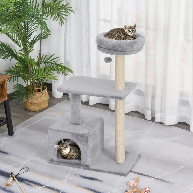 Pawhut Unisex Grey Cat Tree With Sisal-Covered Scratching Posts Condo