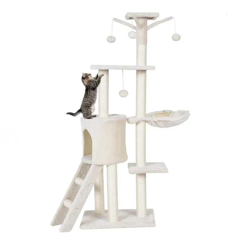 Costway Beige 140Cm Cat Tree Climbing Tower With Scratching Sisal Posts