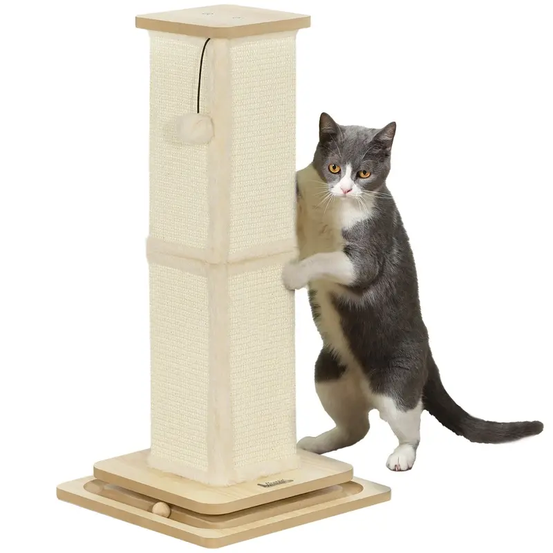 PawHut 3 in 1 Cat Scratching Post, 67cm Cat Scratcher w/ Track Ball Toy, Oak   Aosom UK
