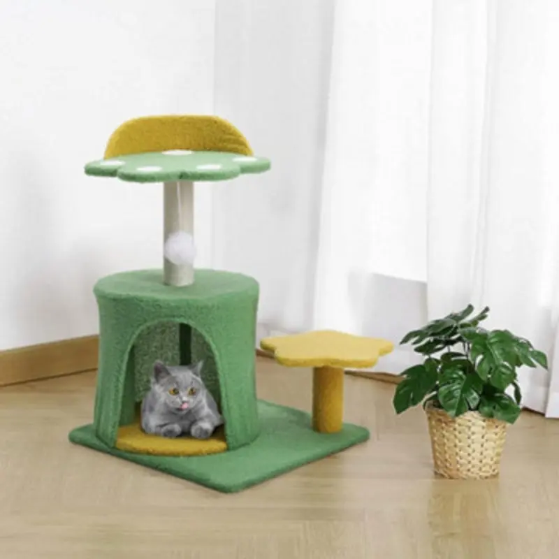 Thehotsale Cat Tree With Sisal Scratching Post And Hanging Ball Toy Yellow