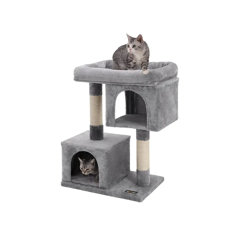 Cat Tree with 2 Cat Caves, Light Grey / 60 x 40 x 84 cm