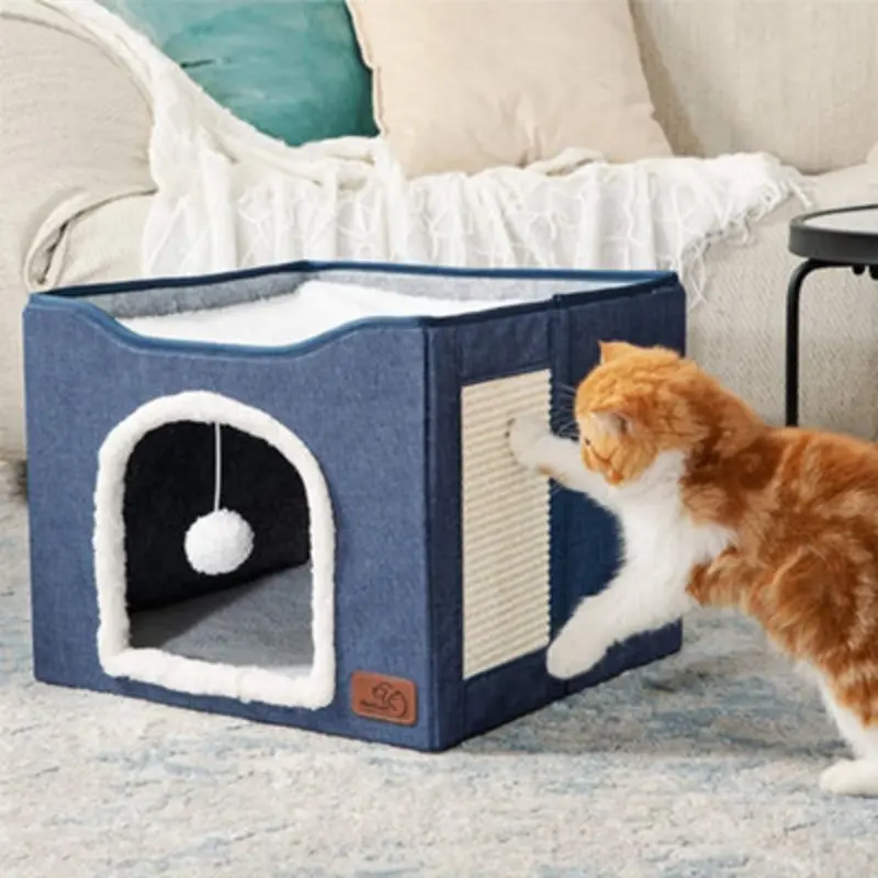 Living And Home Foldable Cat Cave Pet Bed Kitten Igloo With Scratching Pad