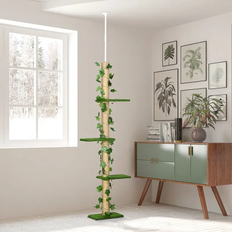 Pawhut Adjustable Floor-To-Ceiling Cat Tower 242Cm Green