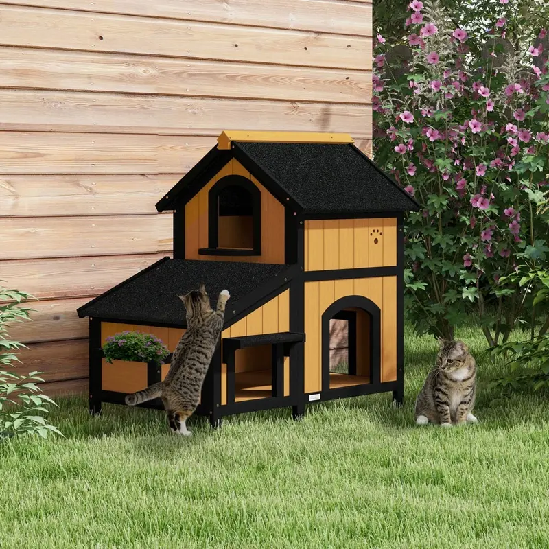 Pawhut Wooden Outdoor Cat House With Flower Pot Windows Multiple Entrances