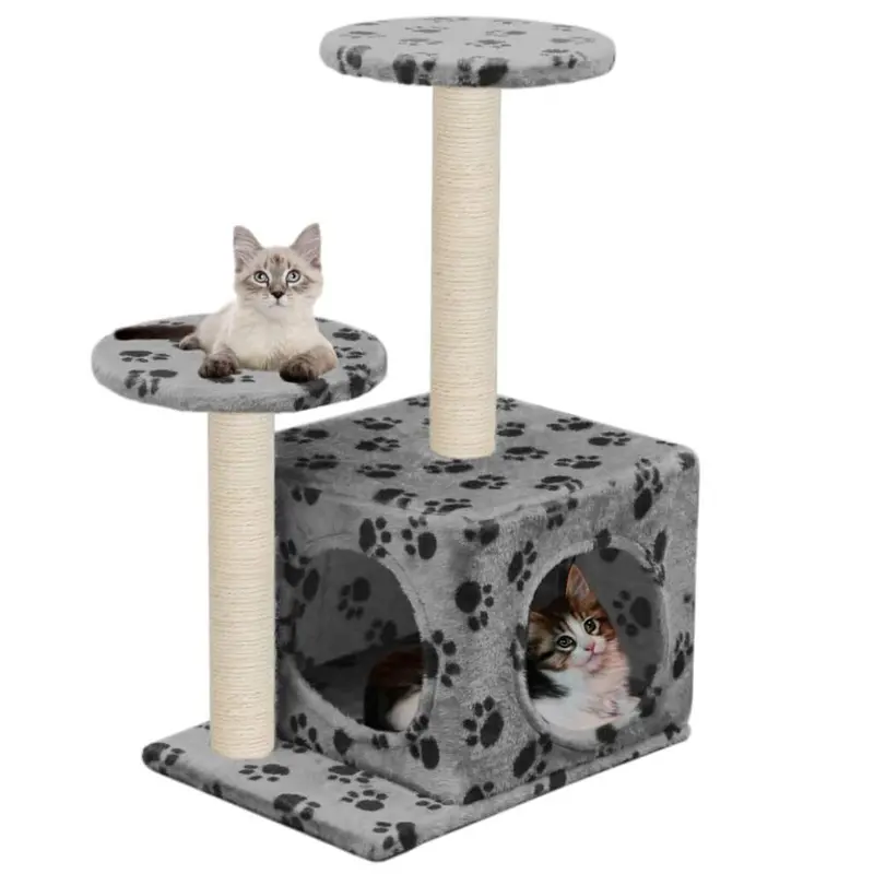 Vidaxl Grey Cat Tree With Sisal Scratching Posts Paw Prints Playhouse 60Cm