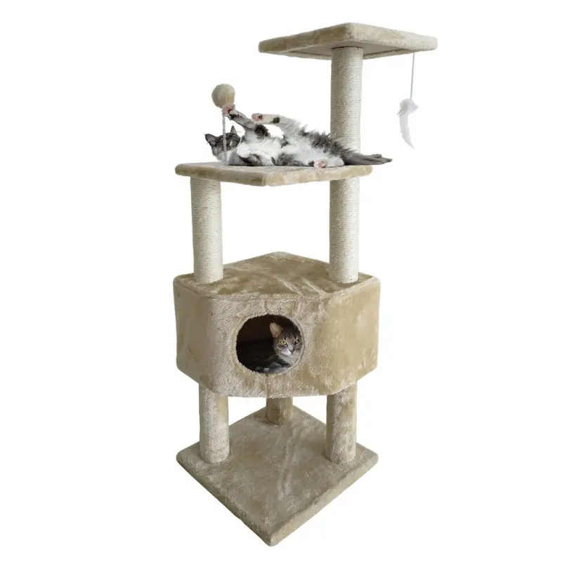 Furhaven Cream Tiger Tough Cat Tree Soft Clubhouse Playground W/ Toys & Condo - One Size
