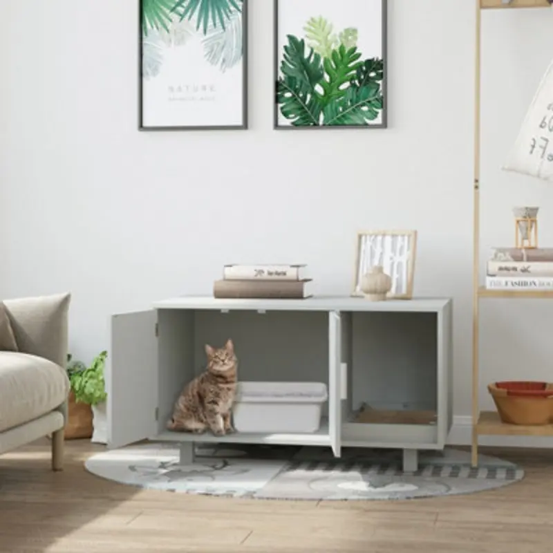 Pawhut Cat Litter Box Enclosure & House W/ Nightstand/End Table Design, Grey