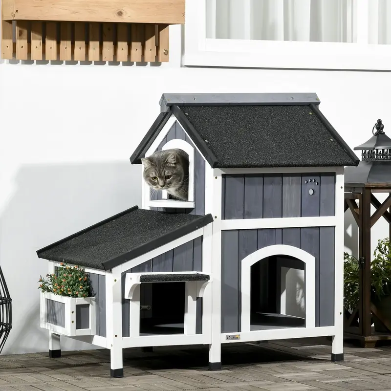 Pawhut Wooden Outdoor Cat House W/ Flower Pot Windows Multiple Entrances Grey