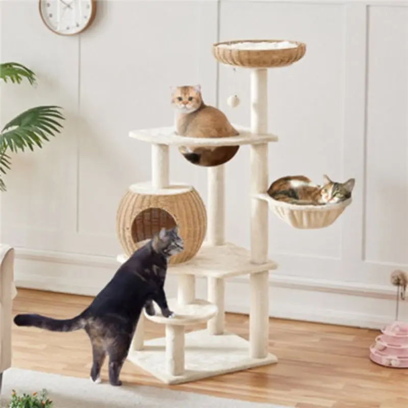 Yaheetech 137.5Cm Rattan Cat Tree Plush Cat Tower Medium Beige