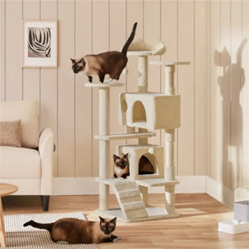 Yaheetech 137Cm Multilevel Cat Tree Tower With Scratching Posts And 2 Condos Beige