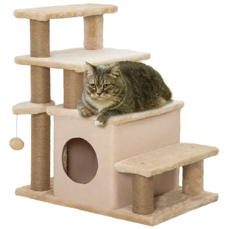 PawHut Adjustable Cat Steps, with House & Hanging Toy Ball - Beige   Aosom UK
