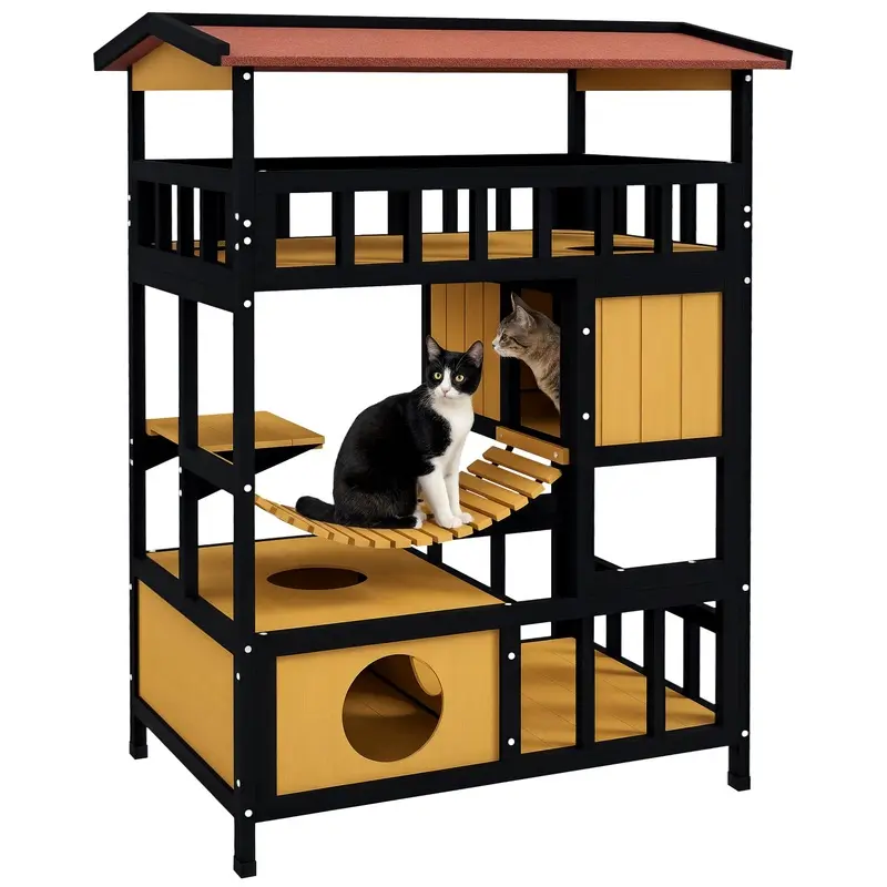 PawHut Outdoor Cat House with Suspension Bridge, Houses, Balcony