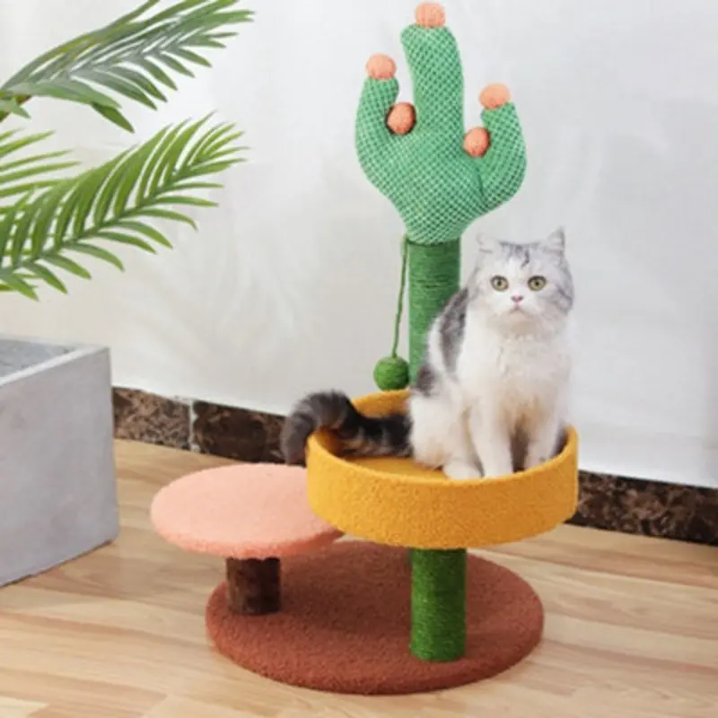 Thehotsale 2-Tiers Freestanding Cat Tower Cactus Cat Scratching Post With Perches