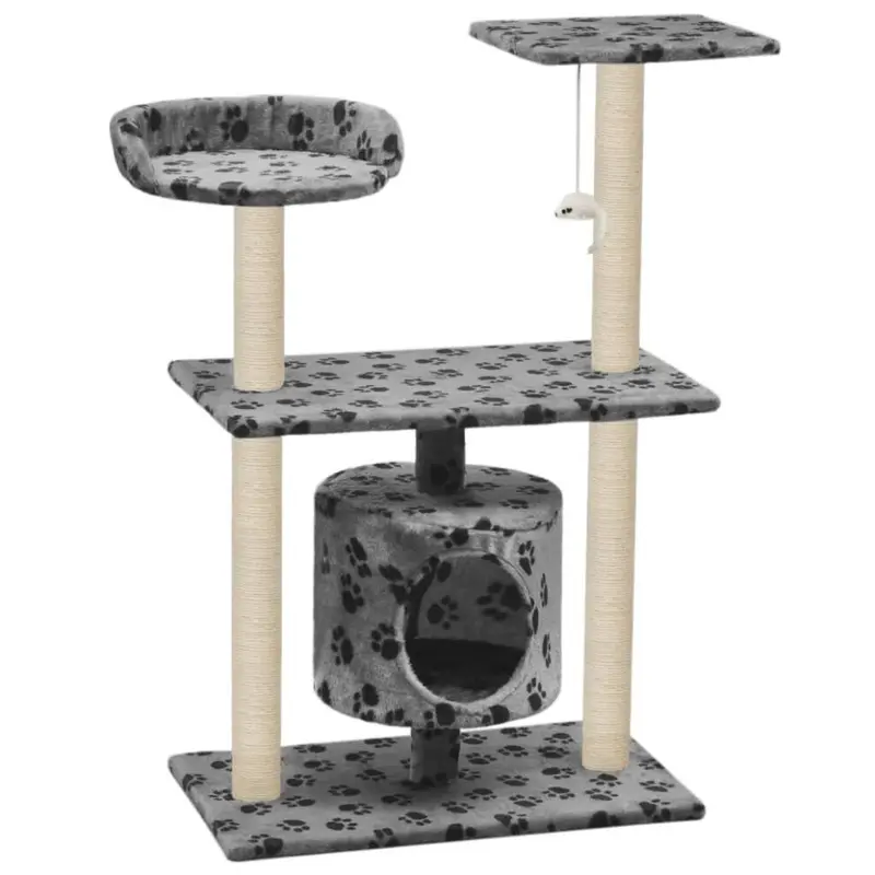 Vidaxl Grey Cat Tree With Sisal Scratching Posts Paw Prints Playhouse 95Cm