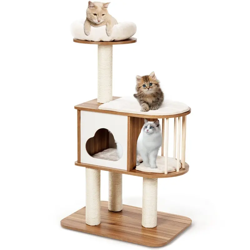 Costway Wooden 4-Tier Cat Tree Cat Tower W/Scratching Sisal Posts & Cushions Size 4