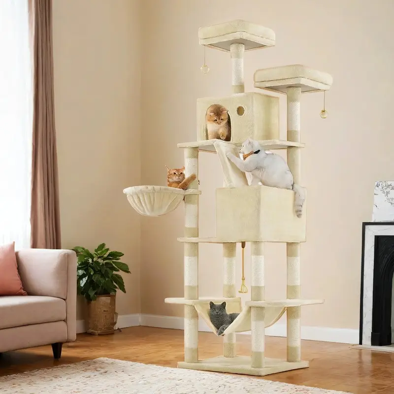 Large Cat Tree with 13 Scratching Posts, 2 Perches, Hammock, Beige / XXL(60 x 50 x 206 cm)