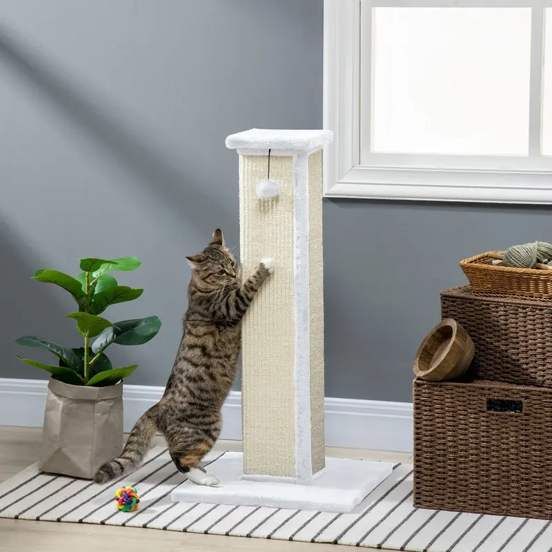 Pawhut 81Cm Cat Scratching Post W/ Sisal Rope Hanging Ball So Plush White