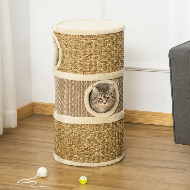 Pawhut Cat Scratching Tree Tower With Sisal Rope Khaki And Brown