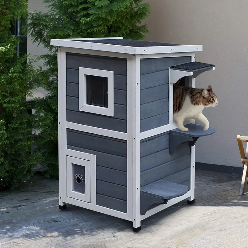 Pawhut Wooden Cat Condo House 2-Floors With Window Grey